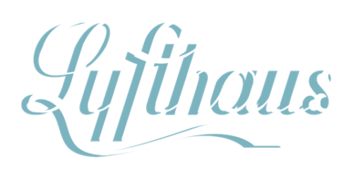 Lyfthaus logo featuring elegant script in white with a light blue shadow effect on a black background.